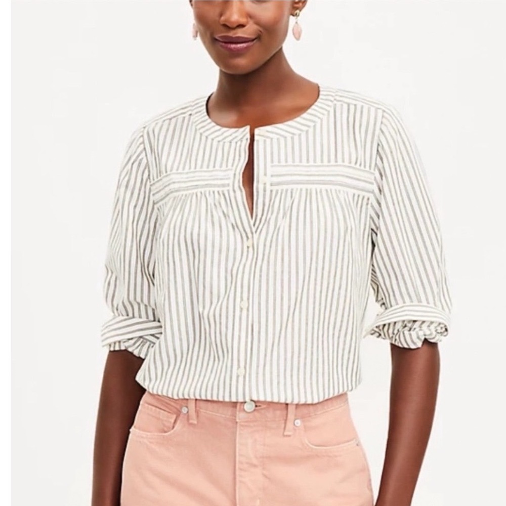 LOFT Striped Split Neck Button Front Blouse with Metallic Gold Thread Sz Medium